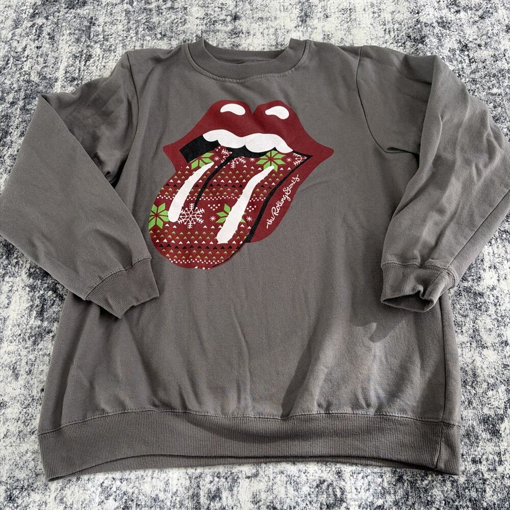 Gray Rolling Stones Holiday Christmas Crew Neck Sweatshirt Womens Size XL Rock